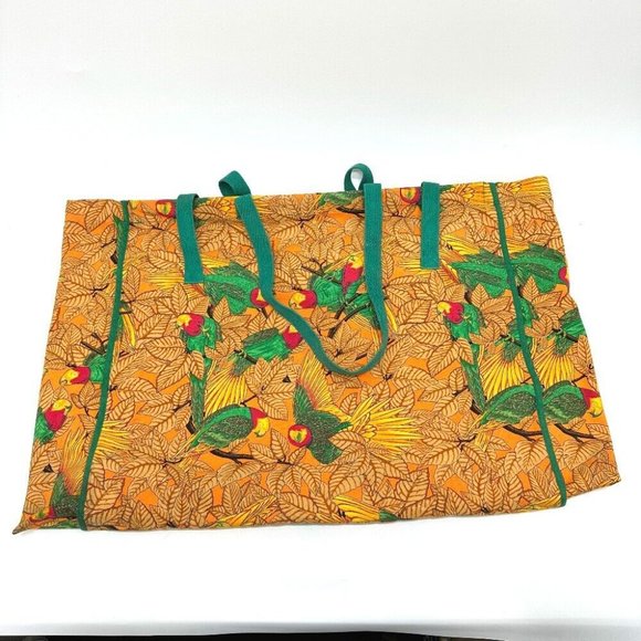 HERMES Parakeet bird pattern Bag Tote Bag Canvas Orange - Picture 1 of 10